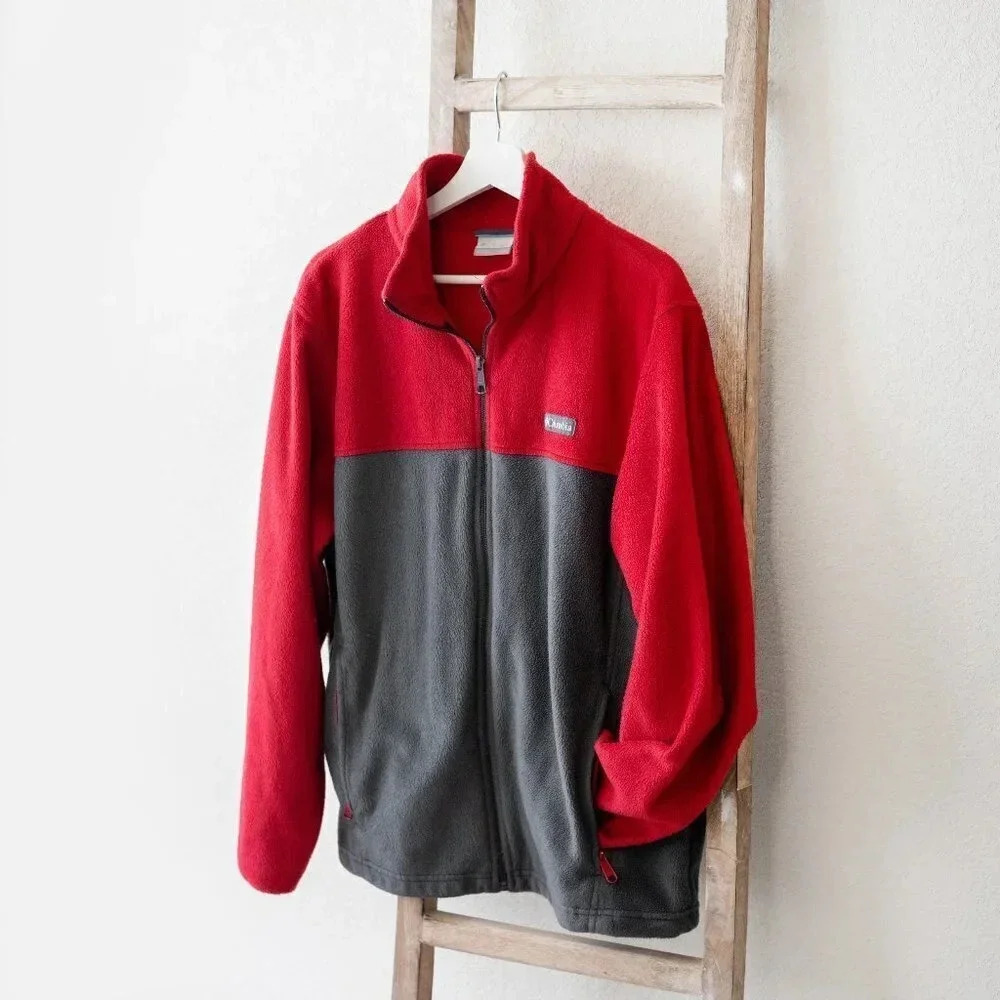 Columbia Size Large Red Gray Colorblock Full Zip Fleece Sweater Jacket Retro